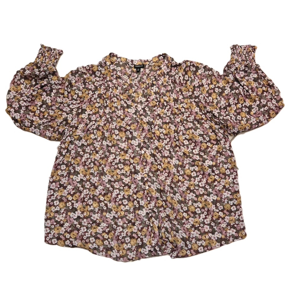 Torrid Womens Floral Print Bishop Sleeve V Neck Button Front Blouse Top Size 2